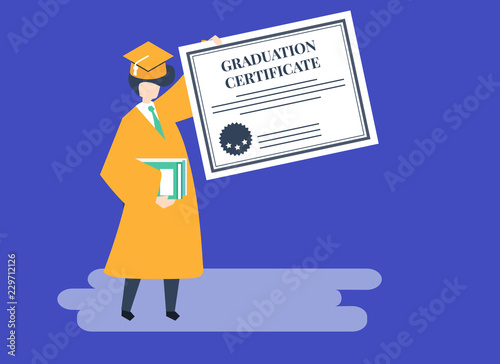 Character of a graduate holding a graduation certificate illustration