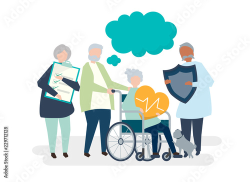 Characters of senior people holding healthcare icons illustration