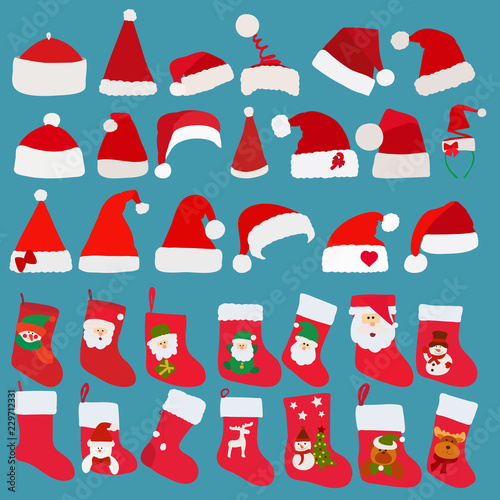 vector, isolated, set of socks for gifts and Santa Claus hats