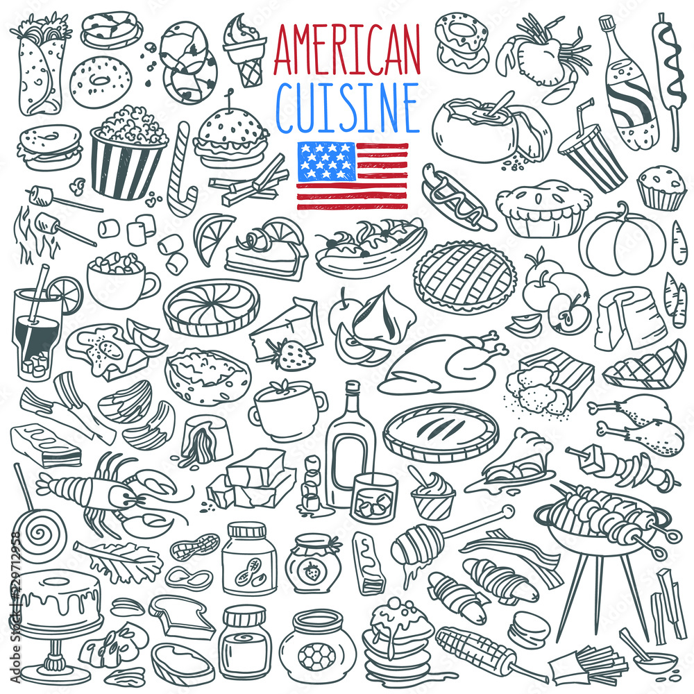 American cuisine doodles set. Traditional food and drinks. Hand drawn vector illustration isolated on white background