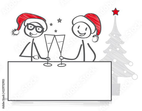 Strichmännchen mit Weihnachtsmützen und Sektgläsern halten Tafel zum beschriften