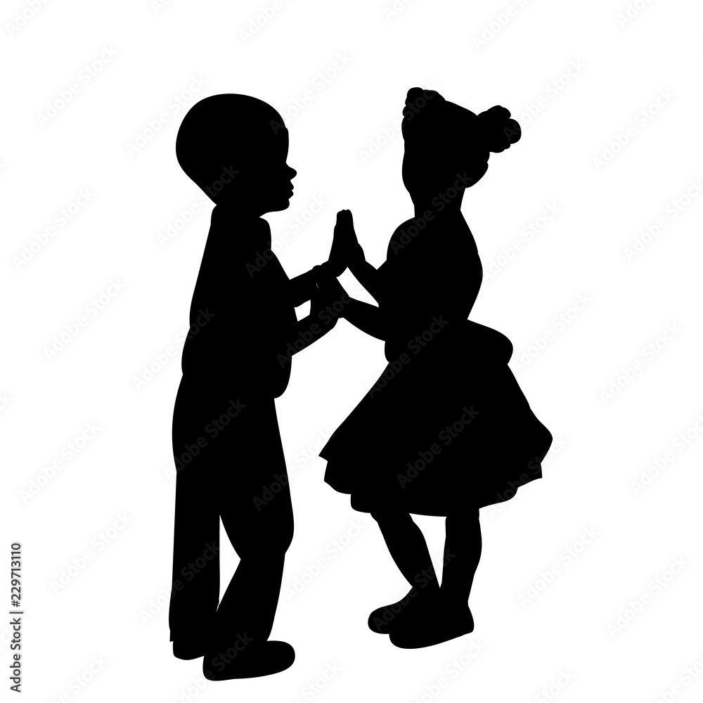 isolated, silhouette little girl and boy are dancing