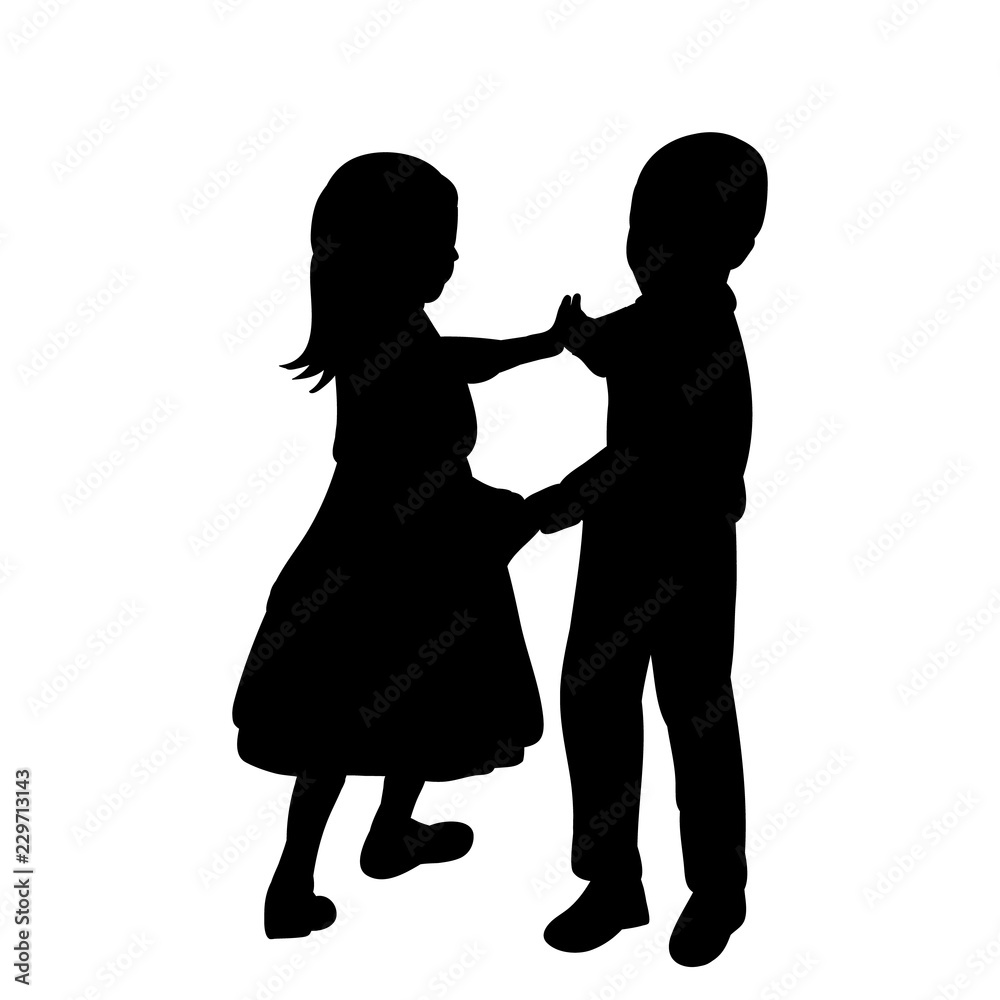 vector, isolated, silhouette little girl and boy are dancing