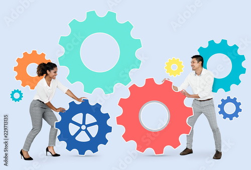 Business partners connecting through gears