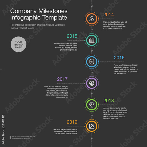 Infographic for company milestones timeline template with colorful circles and icons, isolated on dark background. Easy to use for your website or presentation.