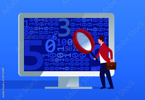 Businessman with magnifying glass looking at the numbers inside the computer