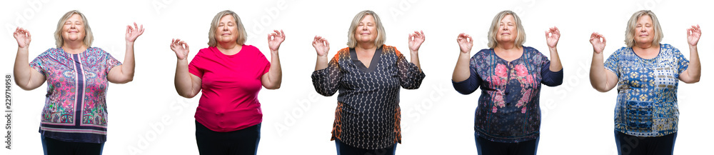 Collage of senior fat woman over isolated background relax and smiling with eyes closed doing meditation gesture with fingers. Yoga concept. Collage of senior fat woman over isolated background relax and smiling with eyes closed doing meditation gesture with fingers. Yoga concept.