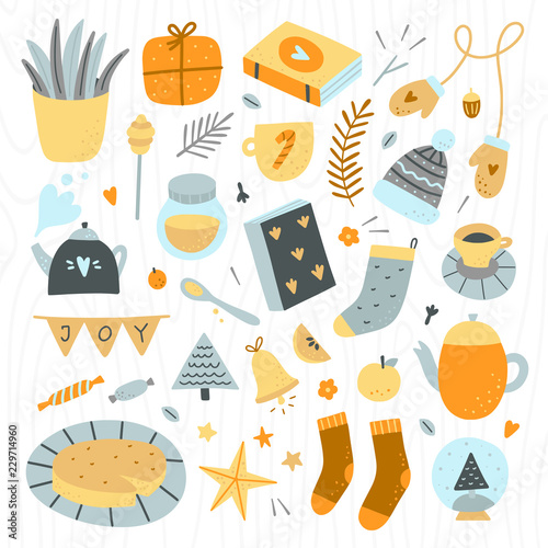 Lovely hygge elements hand drawn set. Scandinavian lifestyle home interior illustration collection. Cozy symbols for winter and autumn time