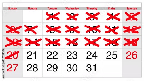 Stop motion animation of a calendar month showing days being crossed off. Forwards and then backwards deleting the crosses. Back in time.