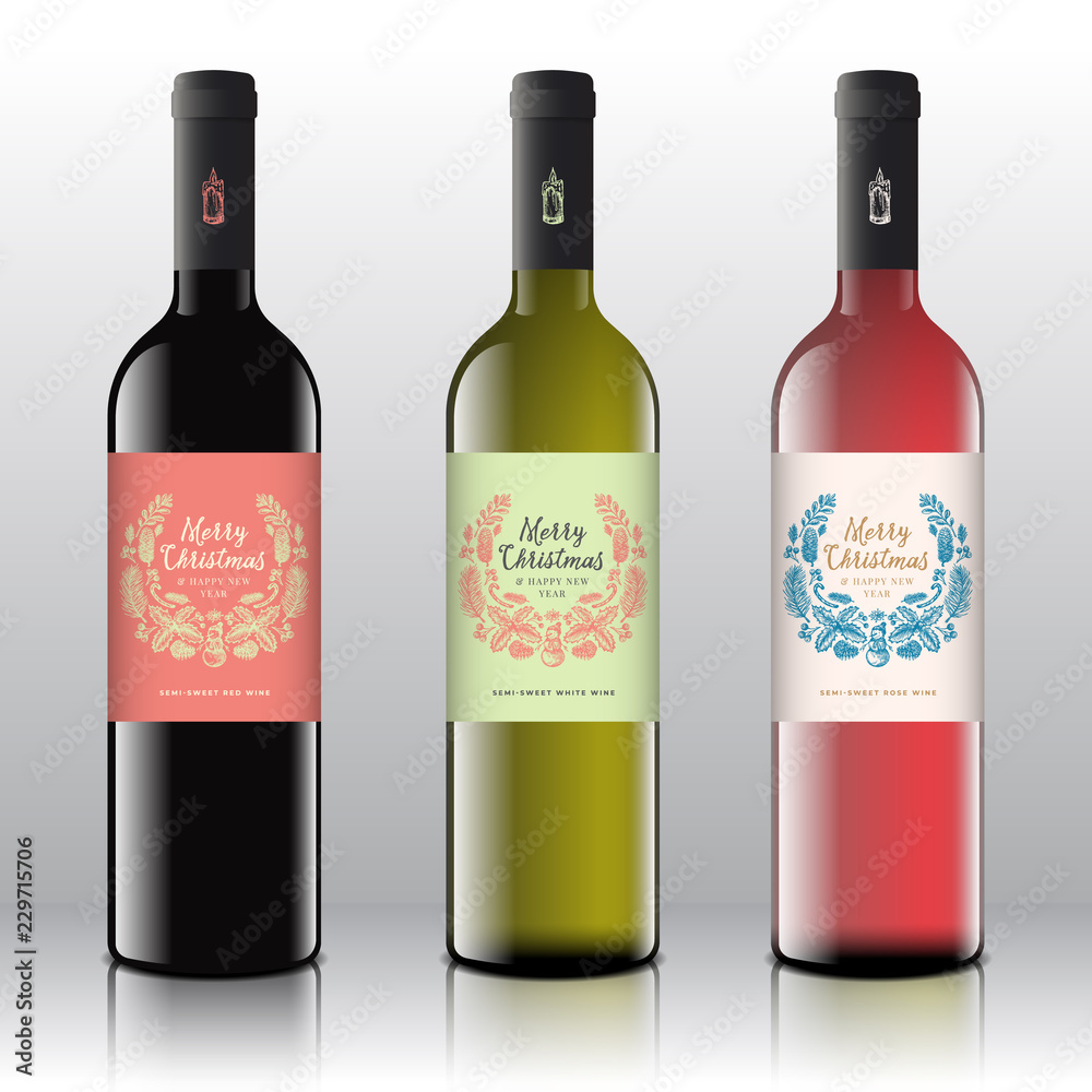 Christmas Greetings Wine Bottle Labels Concept. Red, White and Pink Wine Set on the Realistic Vector Bottles. Winter Holidays Design Template with Hand Drawn Holyday Wreath Sketch.