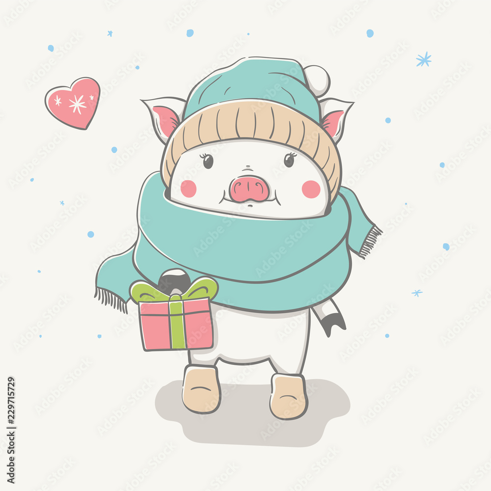 Fototapeta premium Lovely cute cheerful piggy goes in a funny scarf, hat, and felt boots with a gift. Card with cartoon animal.