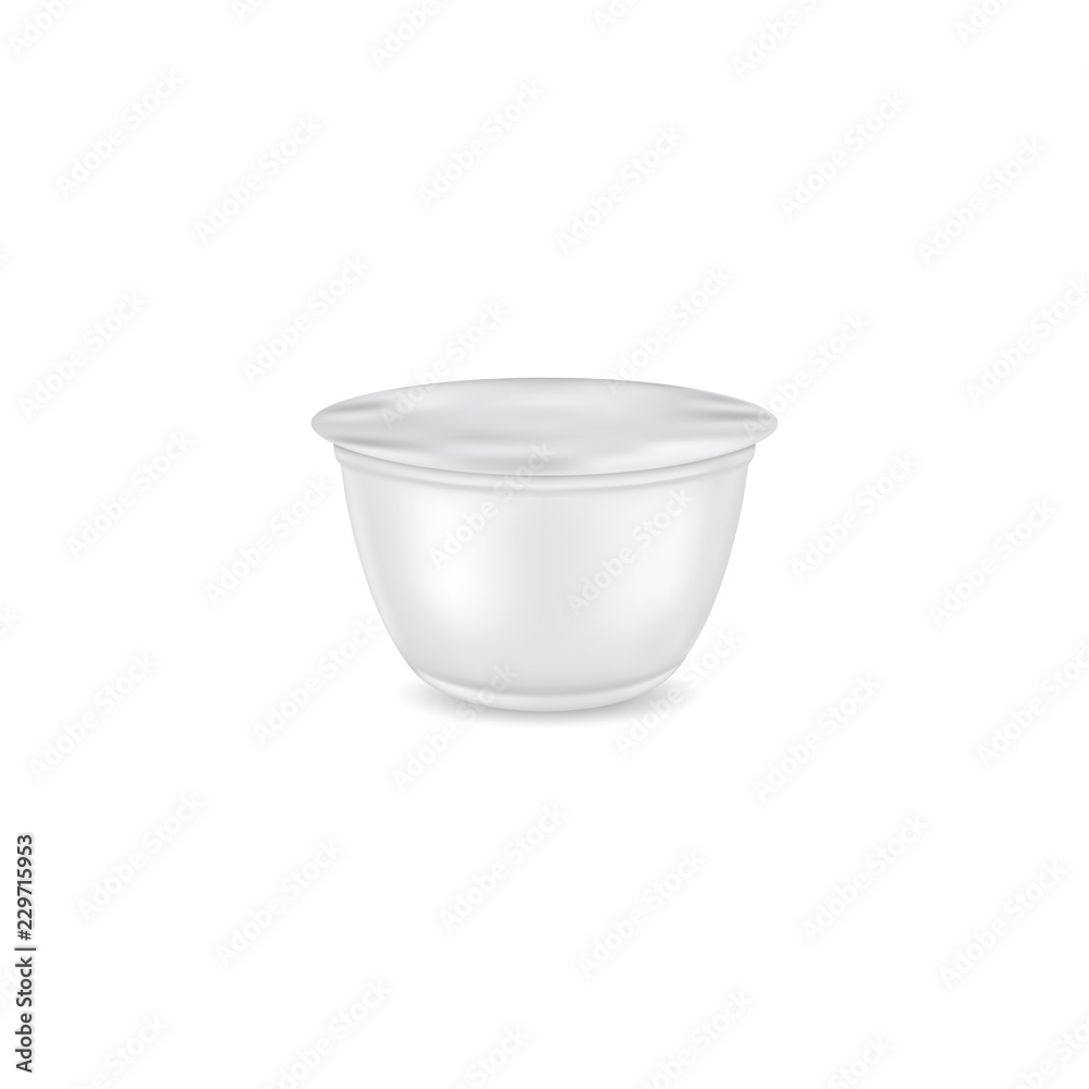 Realistic yogurt in plastic cup isolated on white background. Vector packaging mockup. Realistic yogurt in plastic cup isolated on white background. Vector packaging mockup.