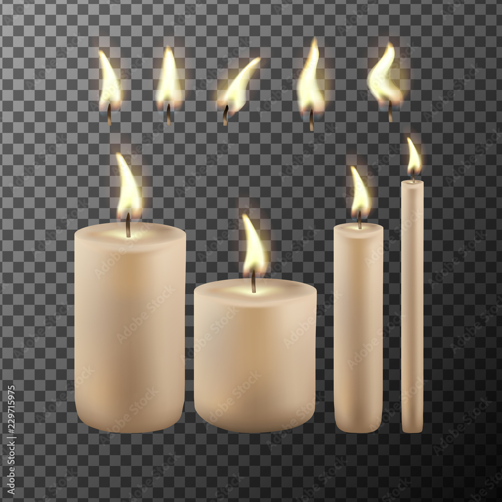 Realistic candle flame isolated on transparency grid background. Vector set. Realistic candle flame isolated on transparency grid background. Vector set.