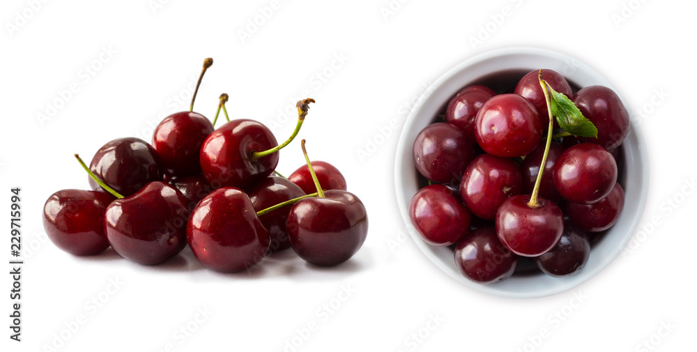 Fresh red cherries lay on white isolated background with copy space. Cherries in a bowl. Background of cherries. Ripe cherry on a white background. Fresh red cherries lay on white isolated background with copy space. Cherries in a bowl. Background of cherries. Ripe cherry on a white background.