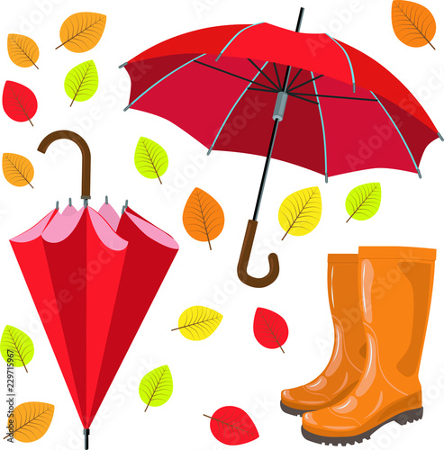 Autumn set consisting of an umbrella and rubber boots. Vector illustration.