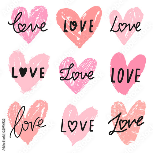 Vector hearts doodle set with word love lettering