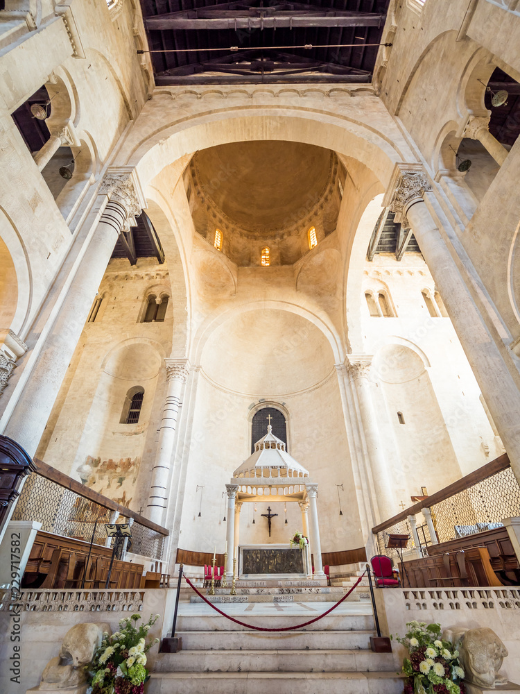 Bari, Italy - Jul 8, 2018: Bari Cathedral (Italian: Duomo di Bari or Cattedrale di San Sabino) is the cathedral of Bari, in Apulia, southern Italy.