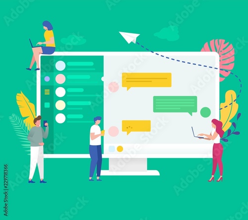 social media chatting, group of people young guy and women doing conversation on social medai online chatting application ,  can be use for presentation, web, banner, landing page, template,