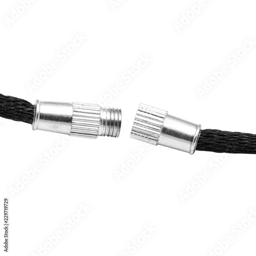 Black textile cords with open metal lock on the thread