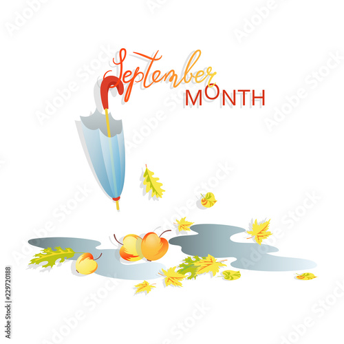 Autumn. Apples. September month. Puddles after rain, umbrella, falling autumn leaves  and apples on a light background. Composition with space for text. Design for poster, advertising, calendar.