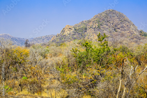 Landscape view of Matobo National Park, Zimbabwe, showing typical rock formations and foliage. September 11, 2016.