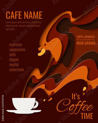 Coffee menu design - paper cut style poster for coffee shop, cafe or restaurant. Vector paper craft vintage coffee aroma background, banner, advertisement flyer