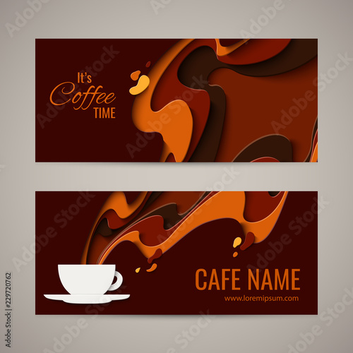 Coffee menu design - paper cut style poster for coffee shop, cafe or restaurant. Vector paper craft vintage coffee aroma background, banner, advertisement flyer