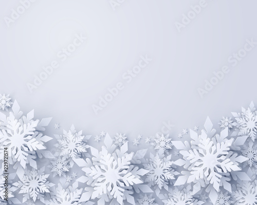 Vector Merry Christmas and Happy New Year greeting card design with frame made of 3d white realistic layered paper cut snowflakes. Seasonal Christmas and New Year holidays paper template background