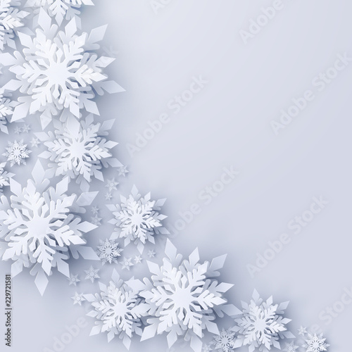 Vector Merry Christmas and Happy New Year greeting card design with frame made of 3d white realistic layered paper cut snowflakes. Seasonal Christmas and New Year holidays paper template background