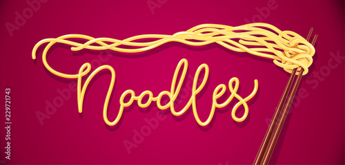 Chinese noodles at chopsticks. Fast-food meal, red background.