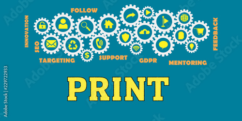 PRINT Panoramic Banner with Gears icons and tags, words. Hi tech concept. Modern style