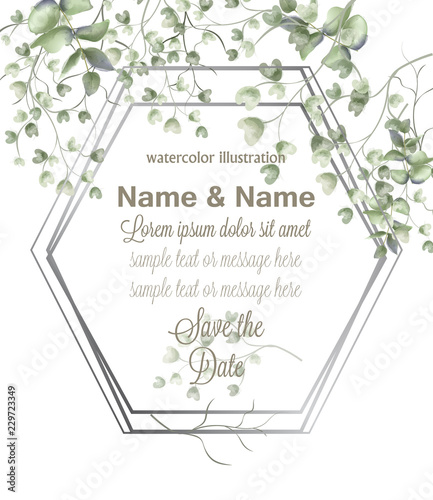 Greeting card frame with watercolor leaves Vector. Simple modern beautiful de...