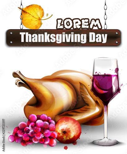Thanksgiving roasted turkey and wine Vector. Watercolor poster templates