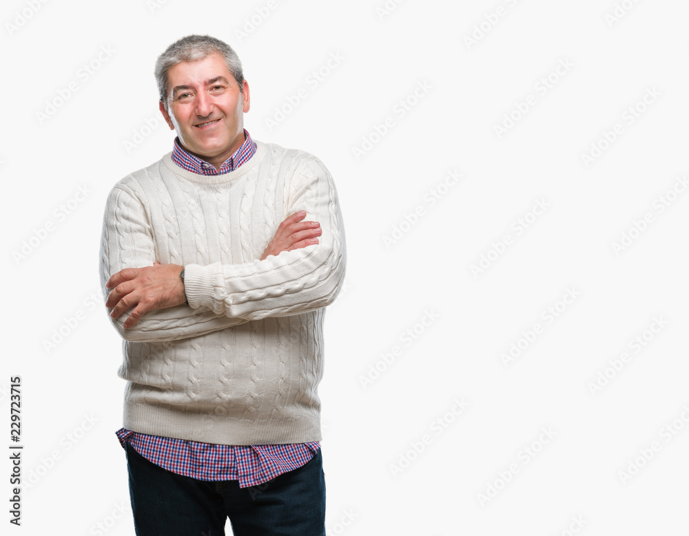 Handsome senior man wearing winter sweater over isolated background happy face smiling with crossed arms looking at the camera. Positive person. Handsome senior man wearing winter sweater over isolated background happy face smiling with crossed arms looking at the camera. Positive person.