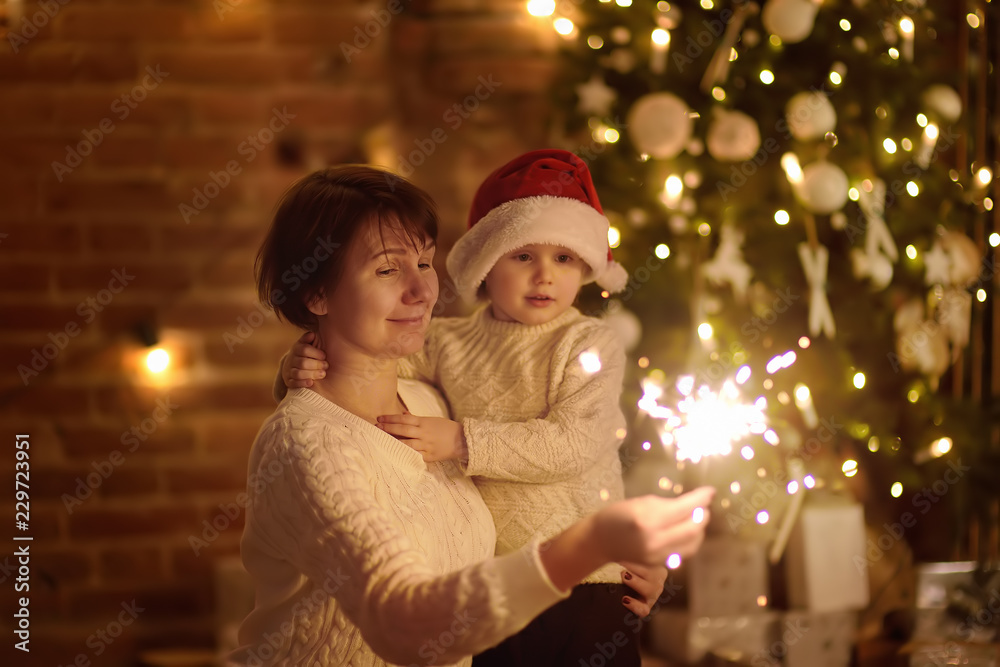 Mother or grandmother with her little son or grandson celebration Christmas with sparkler Mother or grandmother with her little son or grandson celebration Christmas with sparkler