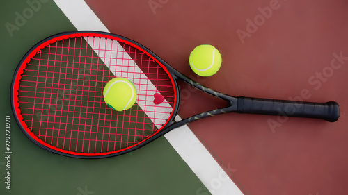 Tennis racket with balls on green and red background © Maria Sbytova