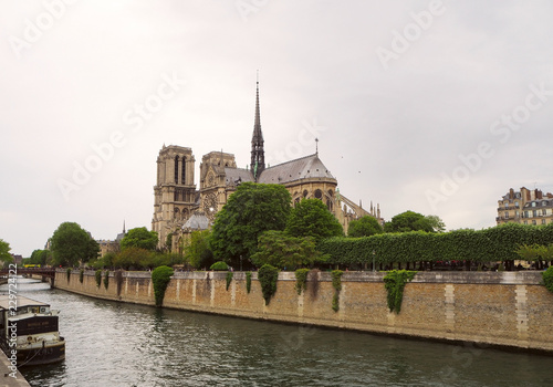 Notre Dame de Paris Cathedral, beautiful Cathedral in Paris. View from the River Seine, Paris, France.