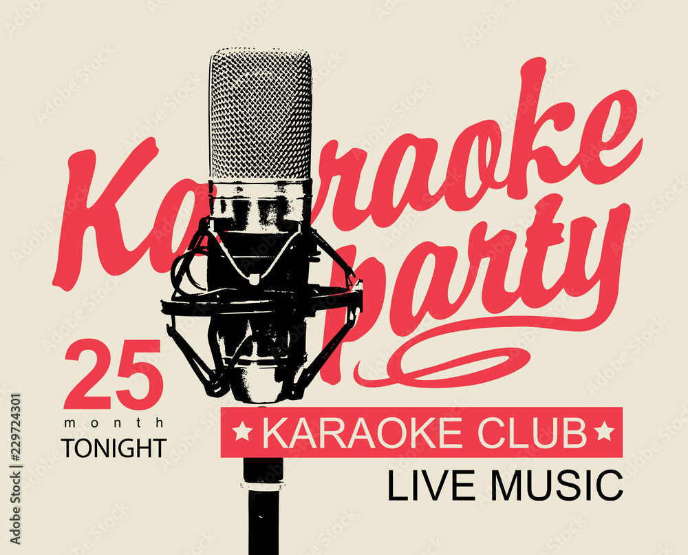 Obraz premium Vector music poster or banner for karaoke club with calligraphic inscription Karaoke party and realistic microphone on a background with bright rays in retro style