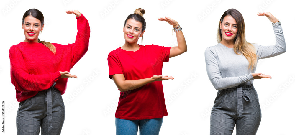 Collage of young beautiful woman over isolated background gesturing with hands showing big and large size sign, measure symbol. Smiling looking at the camera. Measuring concept.
