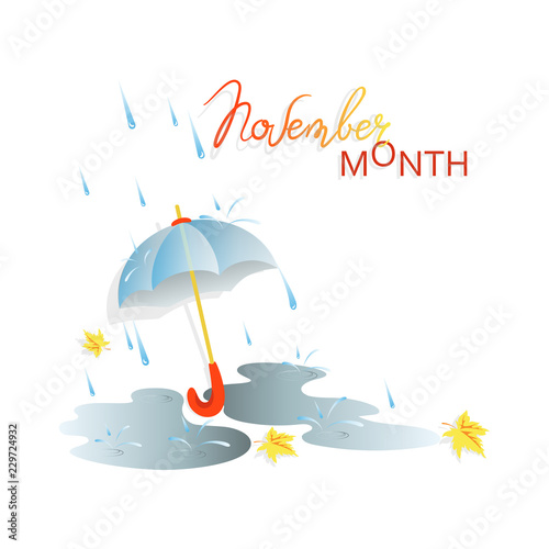 Autumn. Rain. November month. Puddles after rain, umbrella, falling autumn leaves  and apples on a light background. Composition with space for text. Design for poster, advertising, calendar.