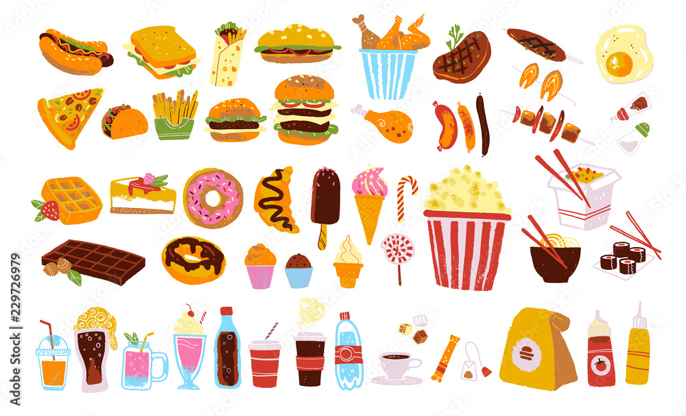 Big vector fast food & snack set isolated on white background: burger, dessert, pizza, coffee, chicken, wok, beef etc. Hand drawn sketch style, chalkboard drawing. Good for menu, special offer design.