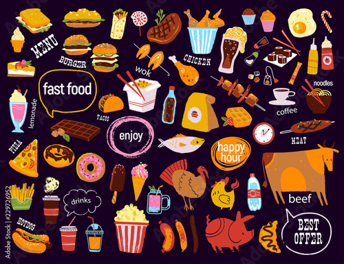 Big vector fast food & snack set isolated on black background: burger, dessert, pizza, coffee, chicken, wok, beef etc. Chalkboard drawing, hand drawn sketch style. Good for menu, special offer design.