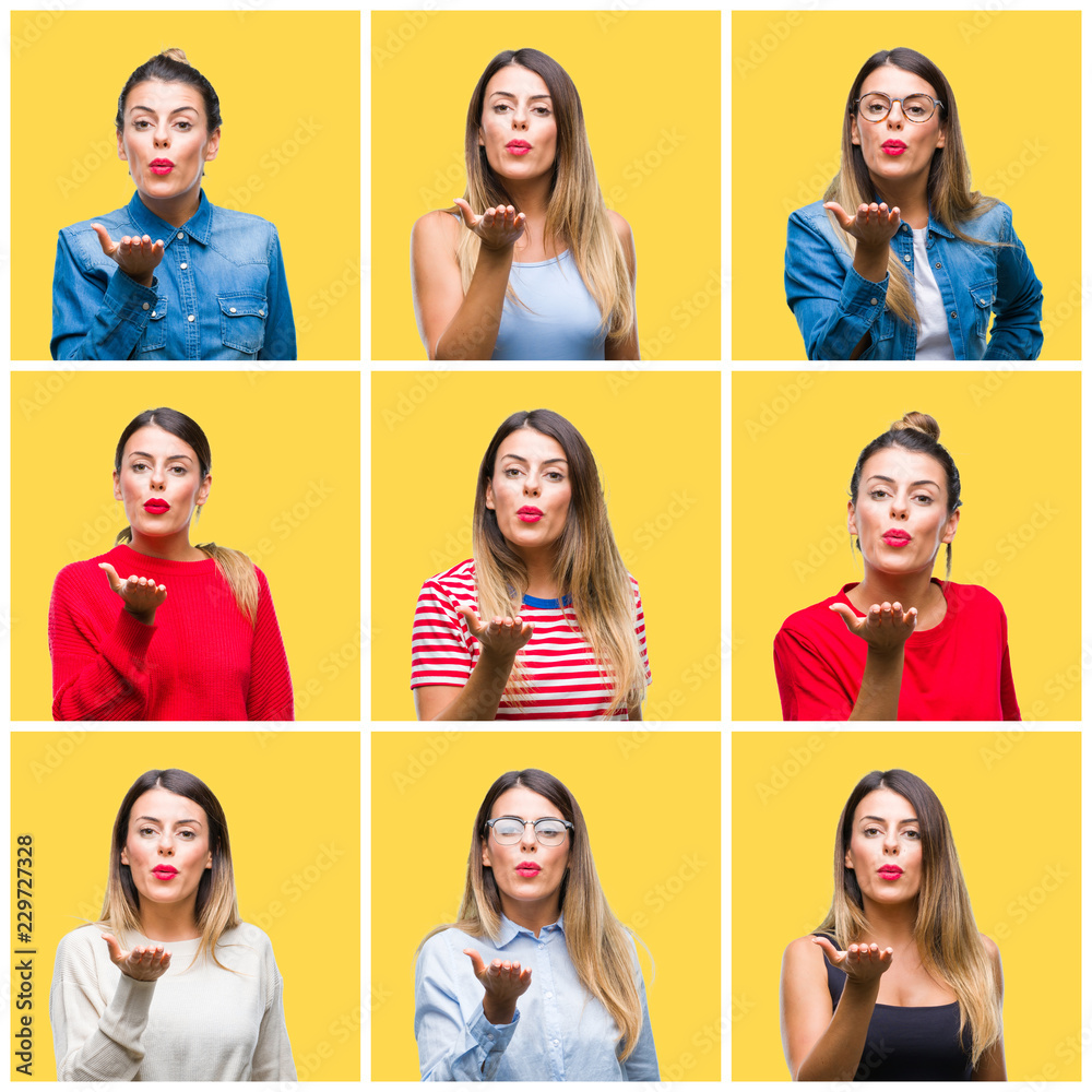 Collage of young beautiful woman over yellow isolated background looking at the camera blowing a kiss with hand on air being lovely and sexy. Love expression. Collage of young beautiful woman over yellow isolated background looking at the camera blowing a kiss with hand on air being lovely and sexy. Love expression.