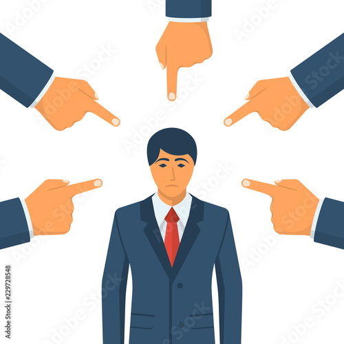 Accusation concept. Sad businessman. People point fingers at the sad person. Public victim. Vector illustration flat design. Isolated on white background. Harassment coworkers. Victim worker.