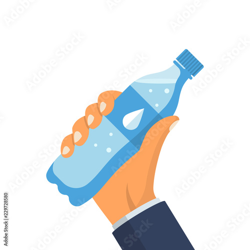 Bottle of water holding in hands of a man. Vector illustration flat design. Isolated on white background. Clean mineral water bottle. Container aqua.