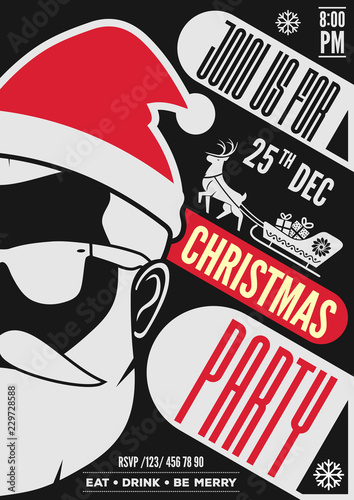 Christmas party invitation, flyer or poster design with Santa Claus hat, beard and glasses. Vector illustration.