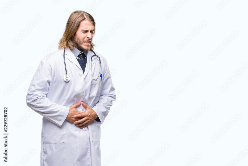 Young handsome doctor man with long hair over isolated background with hand on stomach because indigestion, painful illness feeling unwell. Ache concept. Young handsome doctor man with long hair over isolated background with hand on stomach because indigestion, painful illness feeling unwell. Ache concept.