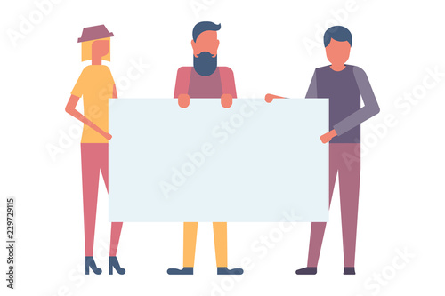 Group of young people holding an blank banner. Men and woman with empty banner. Vector illustration flat design. Isolated on white background. Promotion and advertising of products.