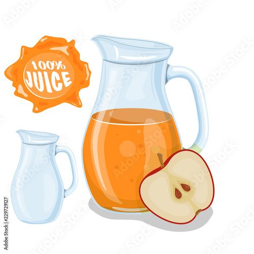 Glass jug with natural juice. Ripe Apple. Juice frame. Vector illustration.