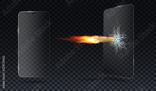 Shot a bullet in protective glass, a crack on glass. Vector screen protector film or glass cover isolated on grey background, mobile accessory.